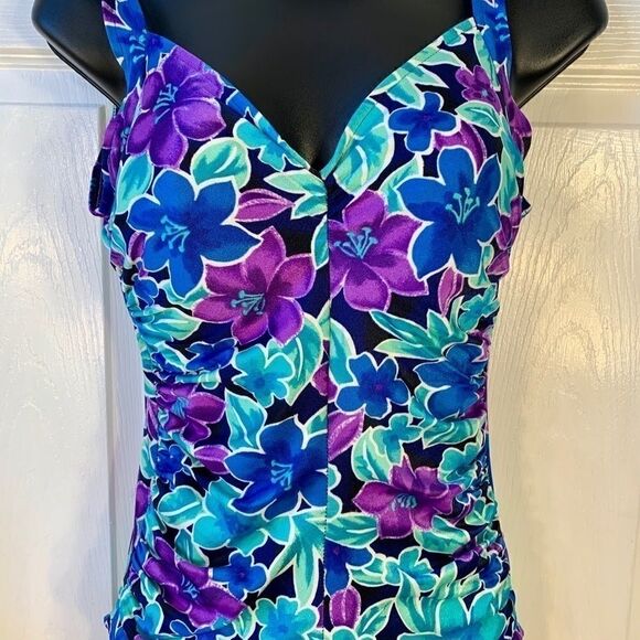 BLU & PURPLE FLOWERED ONE-PIECE by GABAR SIZE 12 - Picture 2 of 6